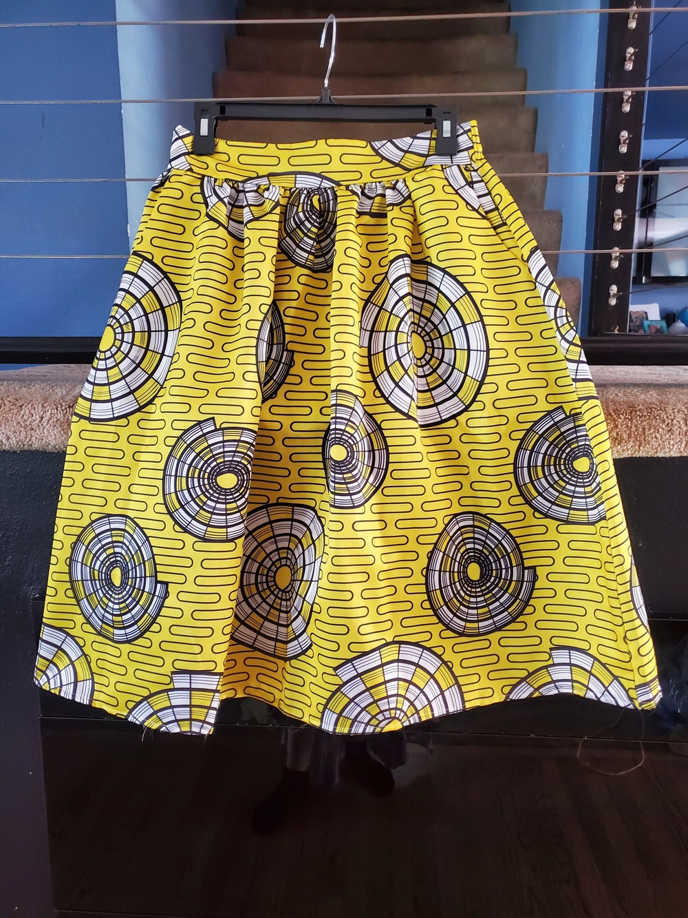 Bright Yellow Midi Skirt with Graphic Circular Print